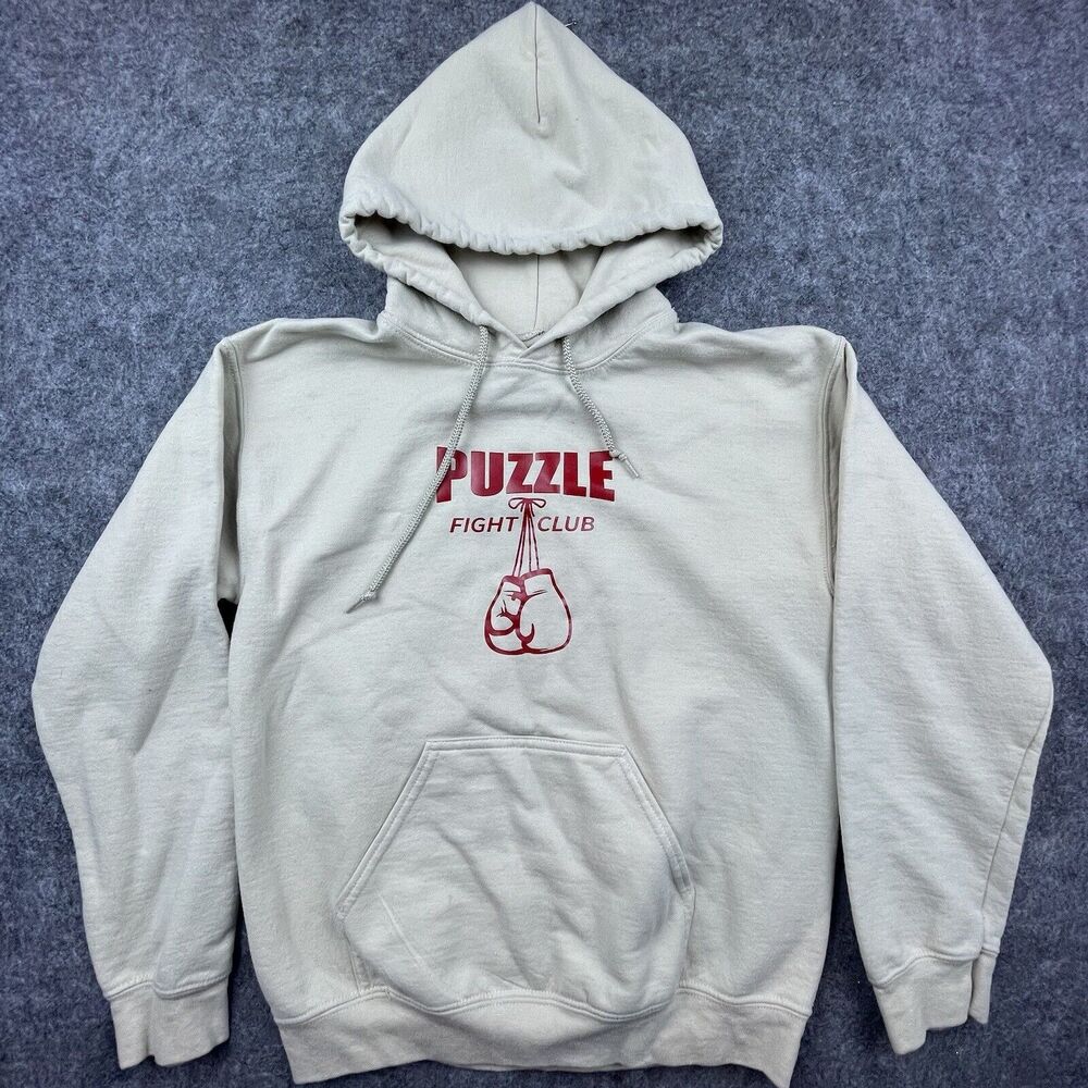 Puzzle Fight Club Hoodie Mens Small Beige Boxing Skateboarding Sweatshirt Skater